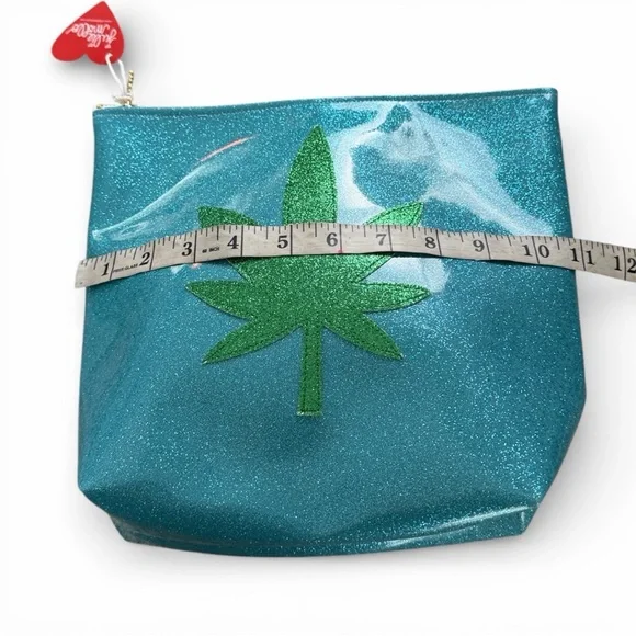 Julie Mollo Glitter Blue & Green Leaf Clutch Oversized Cosmetic Bag New - Picture 12 of 16